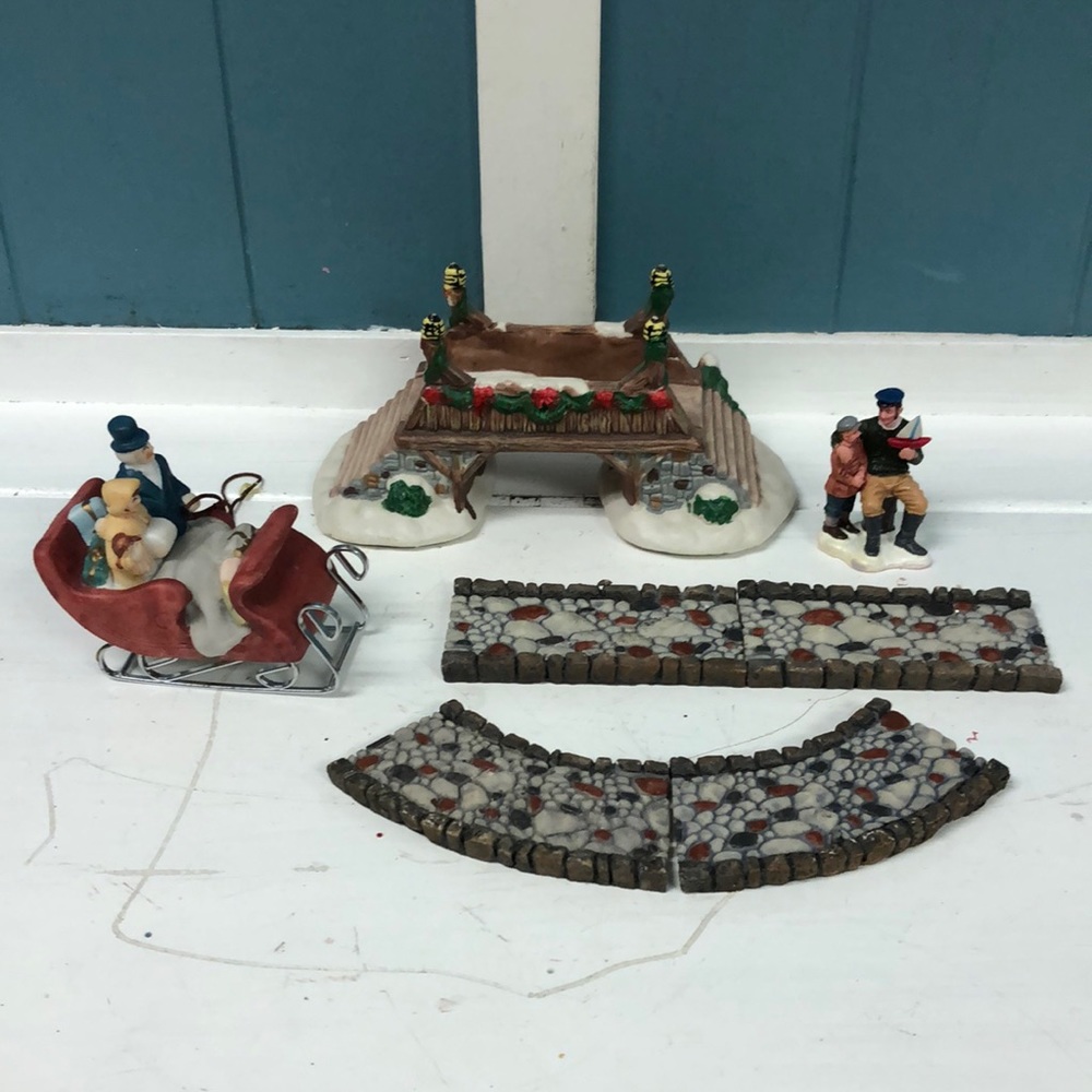Lot of Christmas village cobblestone road bridge family in slay Lemax father son